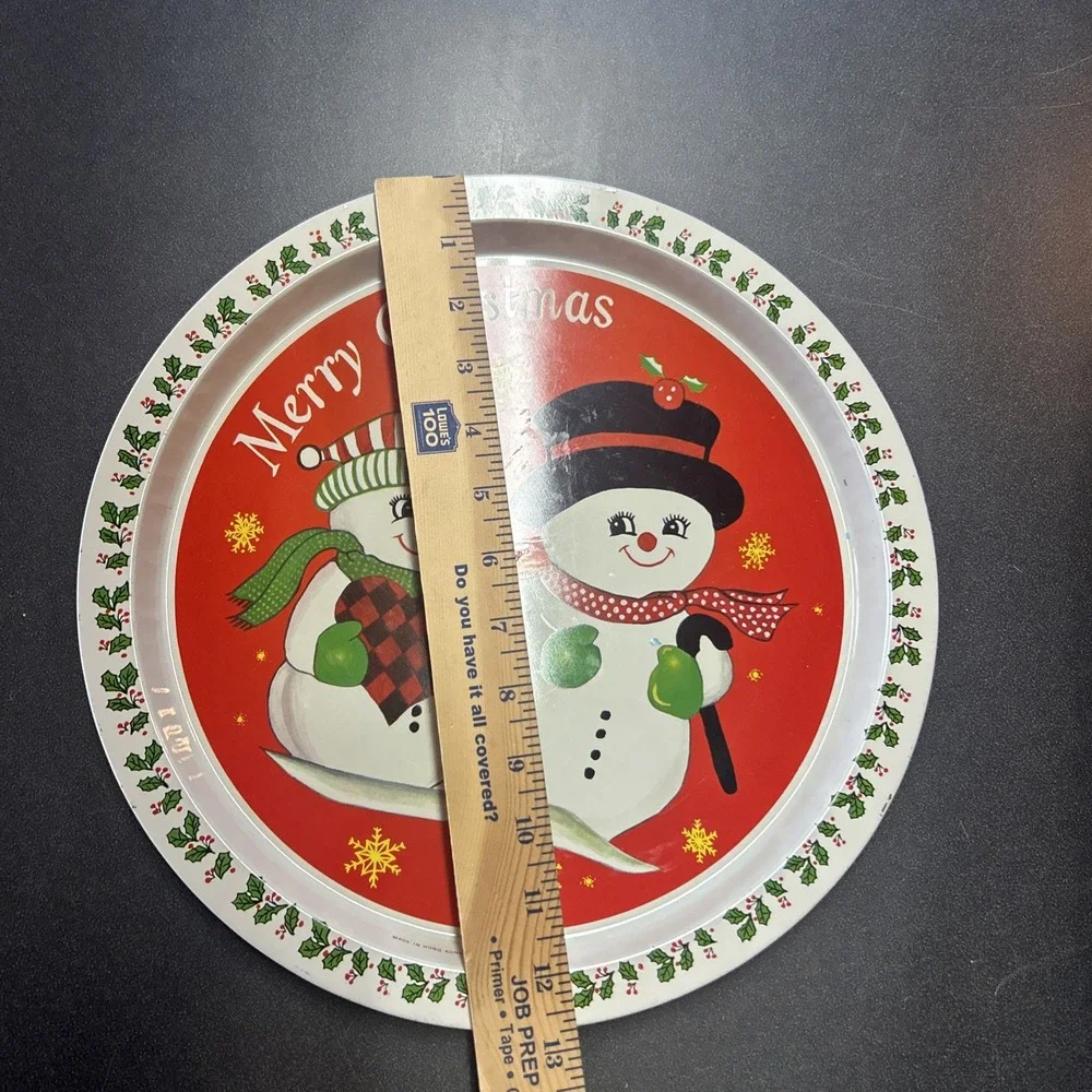 Christmas Tin Cookie Tray Vintage 90s 13in Round Tray Snowman Holly Mittens - Picture 5 of 5